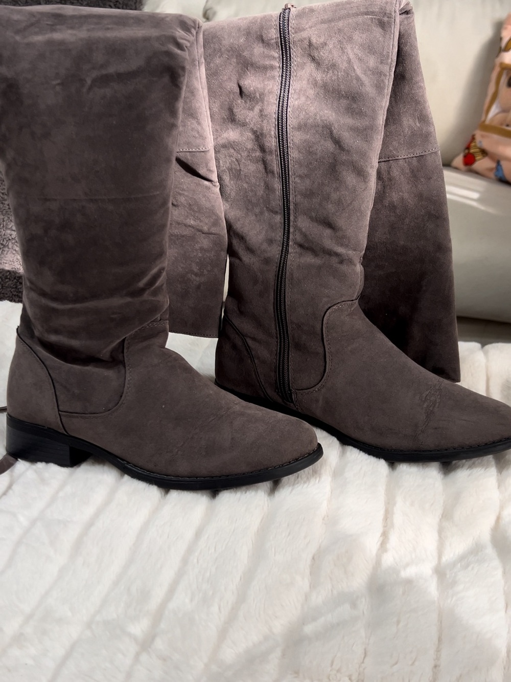 Shoe Dazzle Taupe Suede Knee-High Boots with Side Zip